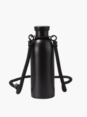 black stainless steel thermal bottle with strap for carrying